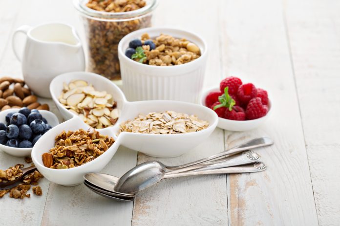 Breakfast items on the table granola and oats