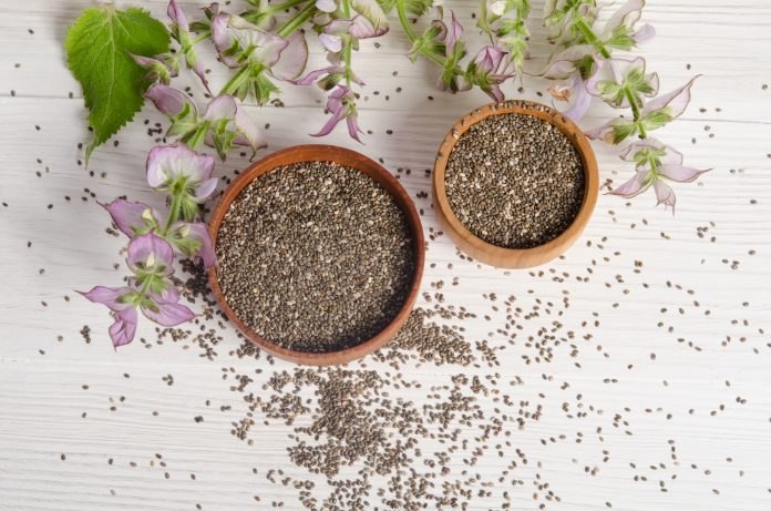 Chia seed healthy super food with flower over white wood background. Salvia hispanica.