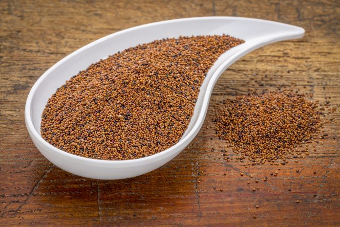 gluten free kaniwa grain on a white teardrop shaped bowl against rustic wood