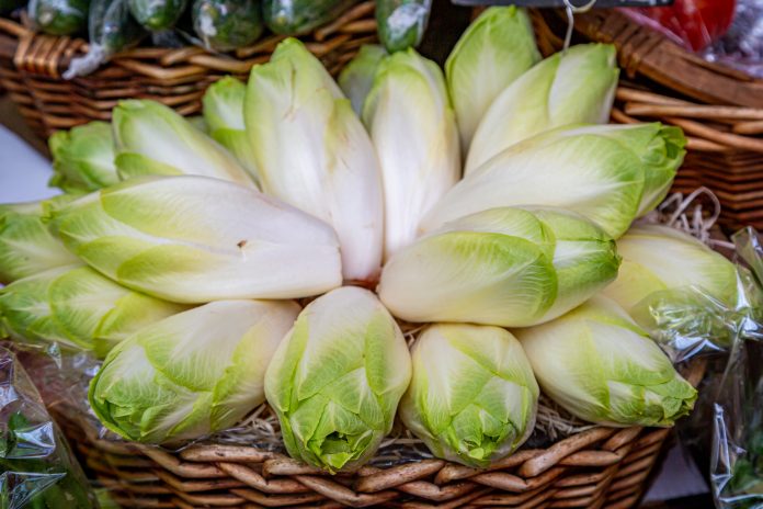 A display of chicory in a basket, on a market stall