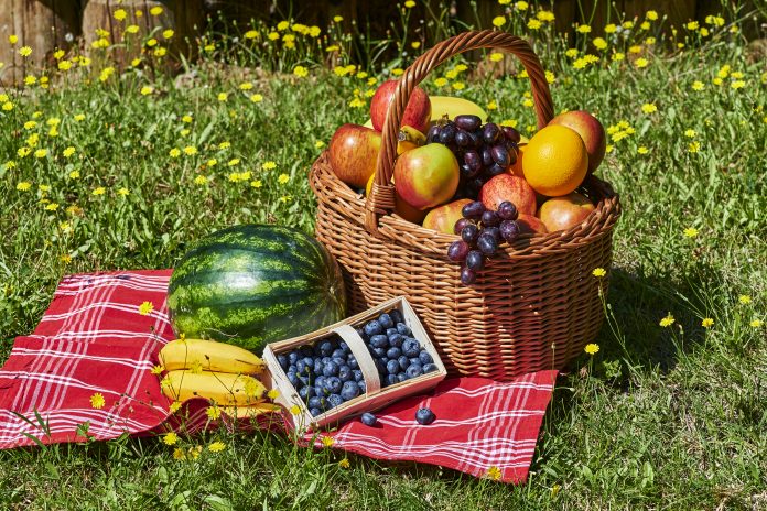 Basket of various fruits in the sunlight on a meadow with yellow flowers.
