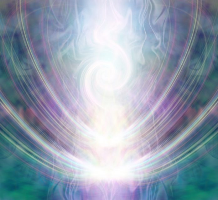 white light forming a gaseous spiral shape flowing through a purple jade coloured energy field