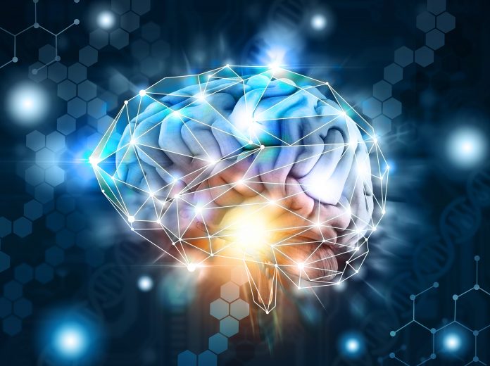 Konzept eines menschlichen Gehirns eine künstliche Intelligenz, Verarbeitung neurologischer Daten, Wolke, 3d Render