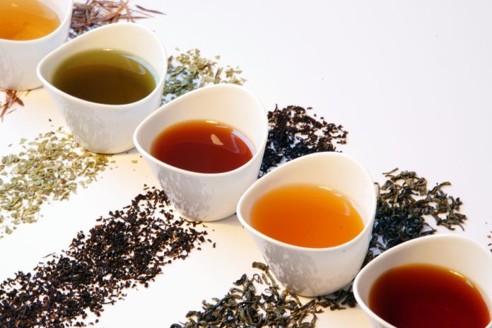 kleine Porzellan-Teekannen mit verschiedenen Teesorten wie schwarzer Tee, Matcha-Tee, Gunpowder-Tee, grüner Tee, Rooibos-Tee