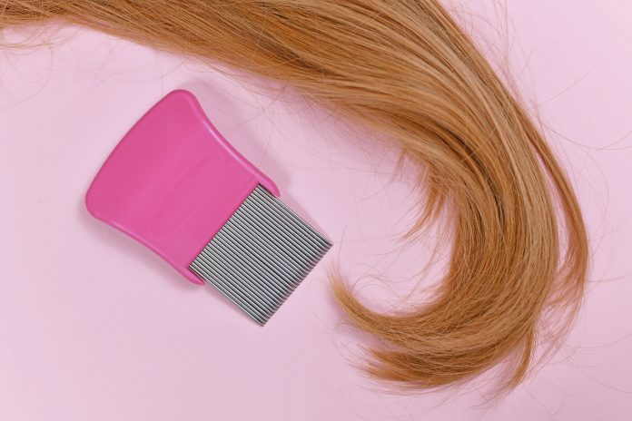 Strand of blond hair with lice comb on light pink background