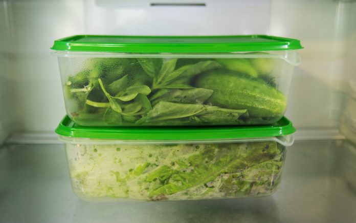 Δύο πλαστικά δοχεία τροφίμων με πράσινα λαχανικά (σαλάτα, βασιλικός, άνηθος, λάχανο, αρακάς, αγγούρι, πιπεριά) σε ένα ράφι ενός ψυγείου.