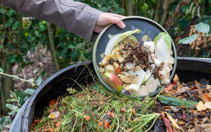 Woman throwing compost with kitchen waste