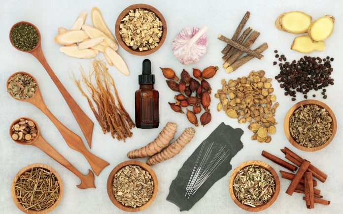 Alternative and chinese herbal medicine to treat asthma, COPD and respiratory diseases with herbs and spice selection and acupuncture needles. Flat lay.