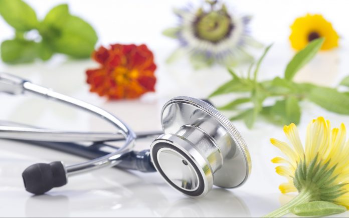 Alternative medicine herbs and stethoscope on white background