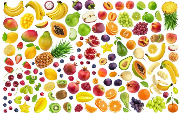 Assortment of different fruits isolated on white background with clipping path, large collection of exotic fruits and berries, fresh and healthy food