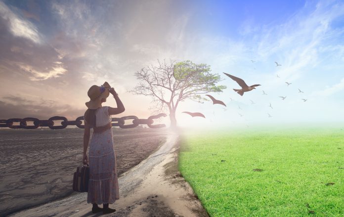 New normal concept: Woman standing between climate worsened with good atmosphere and birds flying and broken chain