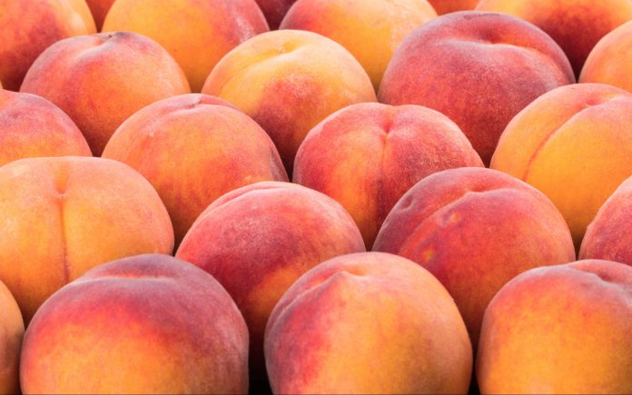 Ripe peach fruit background, close up. Selective focus.