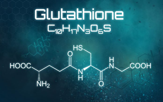Formula chimica del glutatione su uno sfondo futuristico