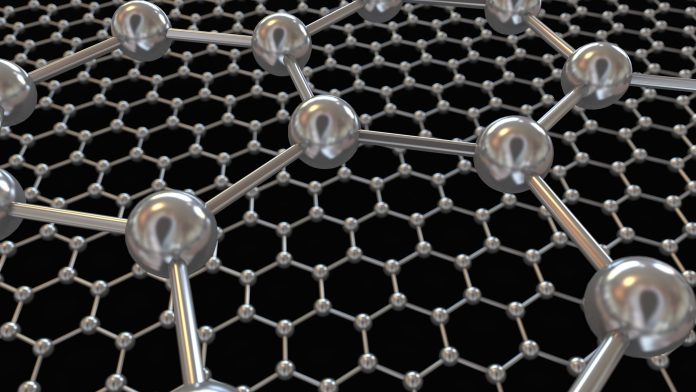 Illustrazione 3D della struttura atomica del grafene su sfondo nero