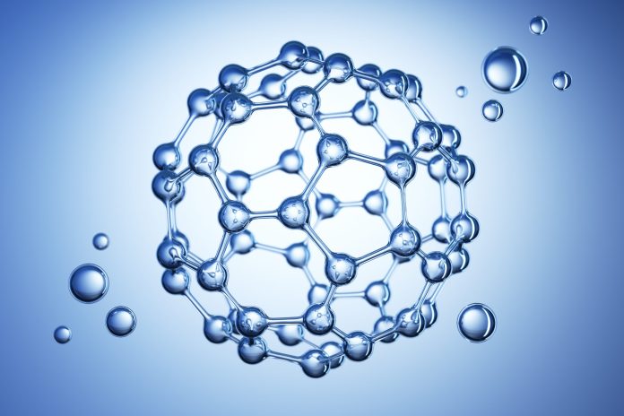 3D Nano Ball or Buckyball - C60 Molecule on blue background